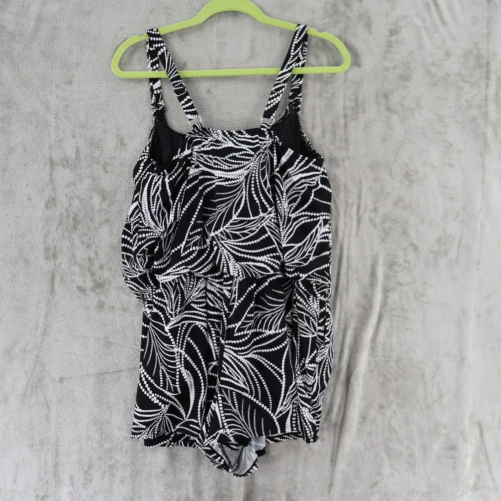 Swim Solutions Romper Swimsuit Womens 18W Black Palm Print Tropical $122 NWT - Picture 4 of 16